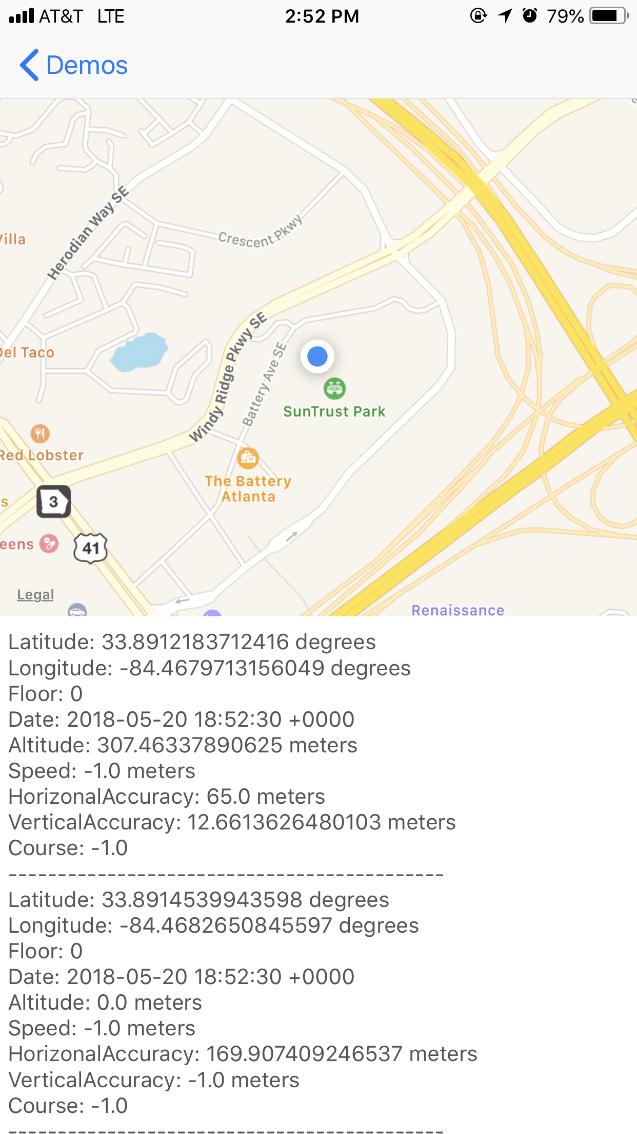 Shots of a custom positioning testing application made by the app