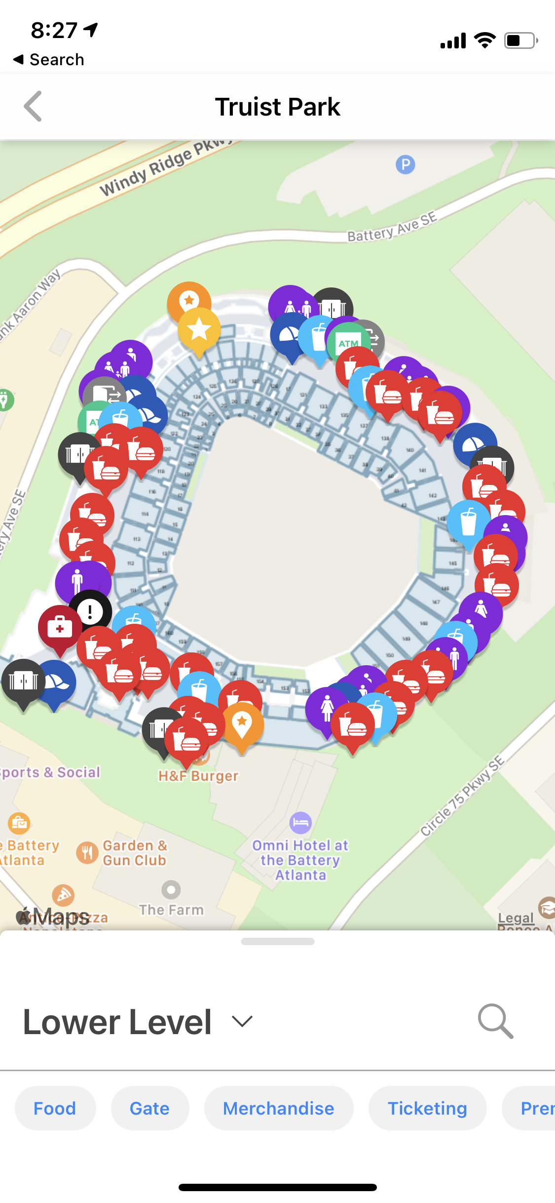 Indoor ballpark map with blue dot positioning and custom points of interest
